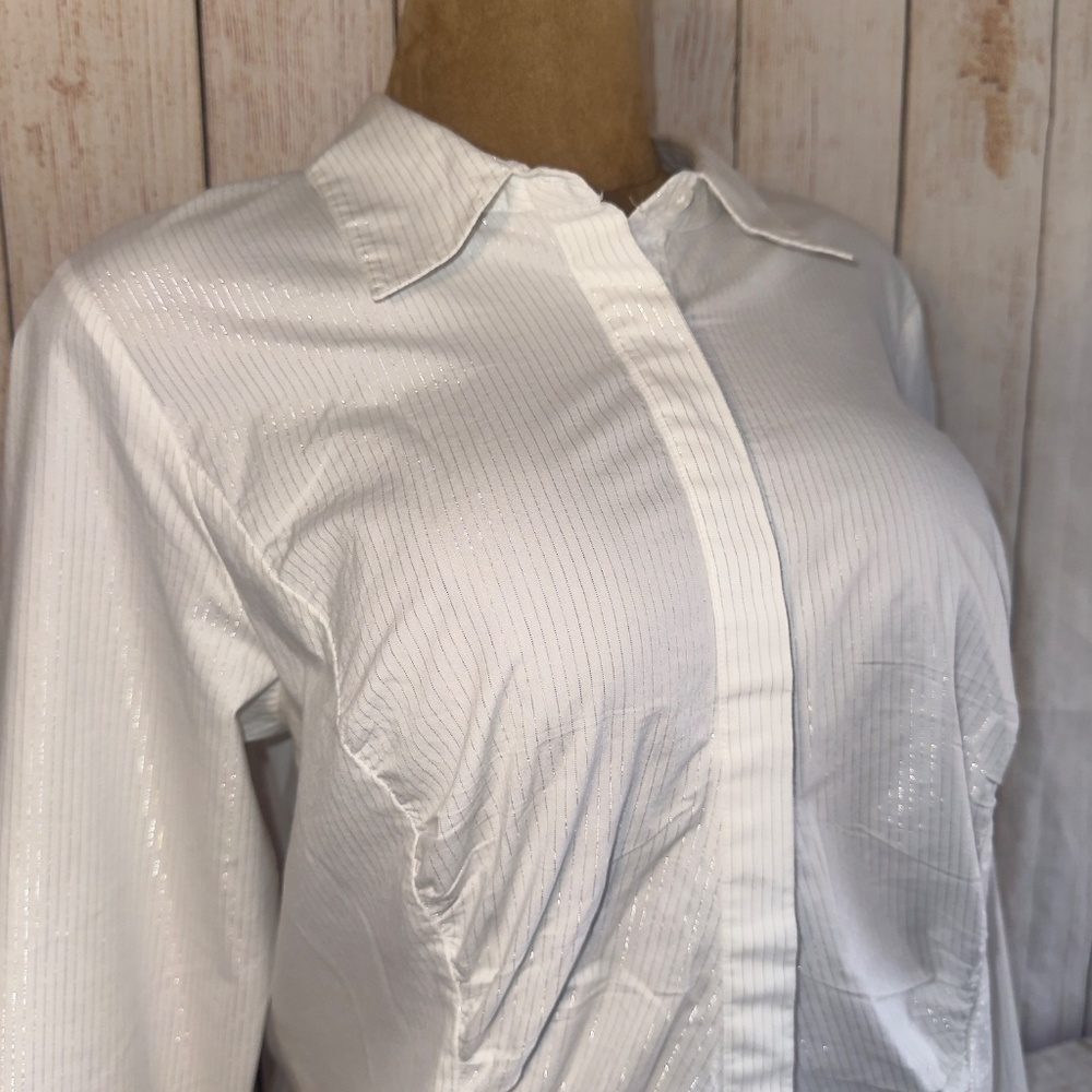 Lane Bryant White & Silver Metallic Stripe Button Up shirt, Women’s 14/16​​ - Picture 2 of 10